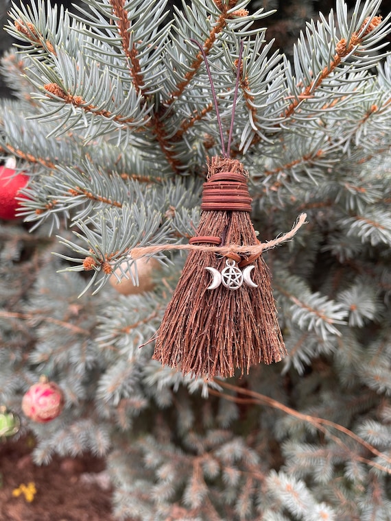 Witchy Ornaments-Mini Cinnamon Scented Yule Besom-Mini Yule Besom w/ Triple Moon Goddess Charm