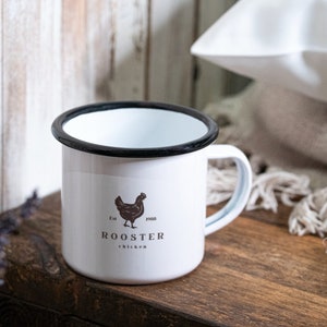 12oz Rooster Enamel Coffee Mug, Coffee Cup, Enamel Mug Gift, Farm Mug, Farmhouse decor, Farmhouse kitchen image 1