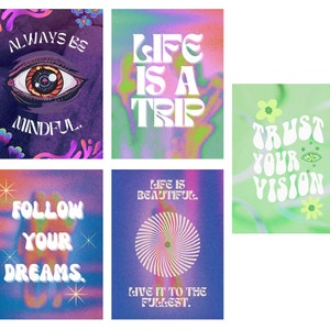 Set of 5 Digital Posters Aura Psychedelic Retro 90&#39;s Hippie Wall Art House Decor