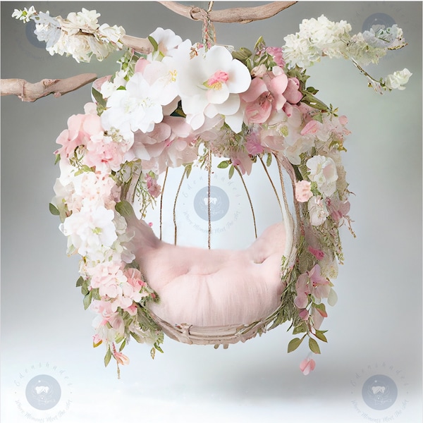 Newborn Digital Backdrop of Pink Floral Hanging Swing Newborn Photography, Newborn Digital Background, Newborn Digital Prop