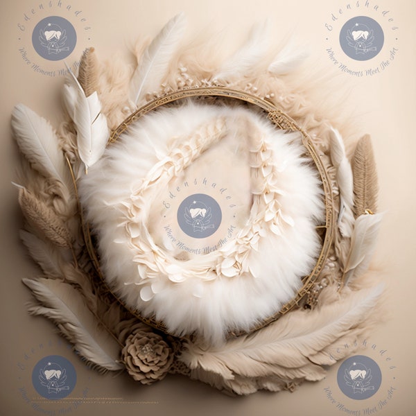 Boho Wicker Tan Feather Basket for Newborn Photography and Photoshop, Newborn Digital Background/Backdrop, Newborn Digital Prop