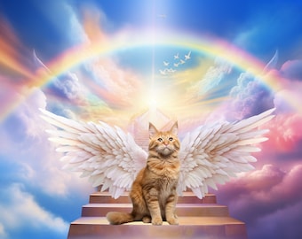 May include: A ginger cat with white wings sits on a stairway leading up to a bright light in a rainbow sky.