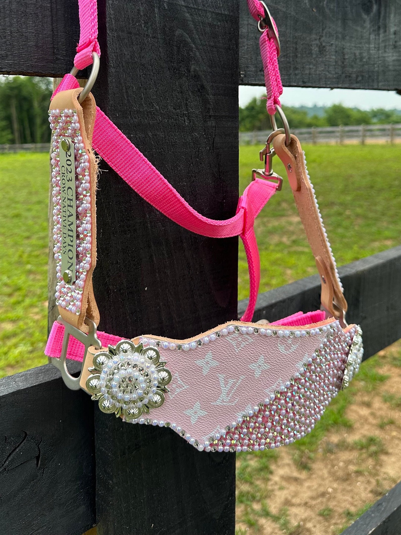 Designer pink pearl rhinestone horse halter, designer halter, pink halter,  rhinestone horse halter, custom horse halter, bling halter