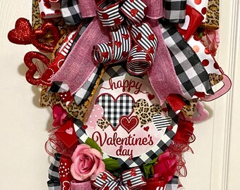 Valentine’s Day Swag, Valentine’s Day wreath for front door, Red Pink and Futschia Roses