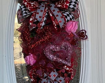 Valentine’s Day Swag, Valentine’s Day wreath for front door, Red Pink and Futschia Roses