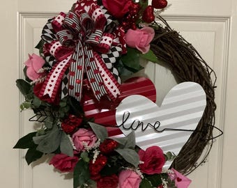 Valentine’s Day Wreath, Valentine’s Day wreath for front door, Red Pink and Futschia Roses, Love wreath