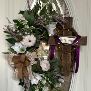 Easter Wreath, He is Risen cross wreath, Easter door decor,