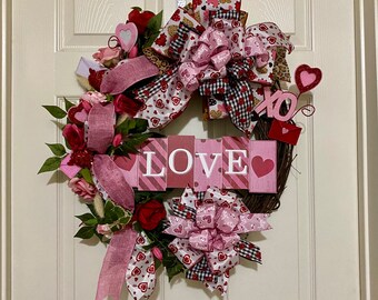 Valentine’s Day Wreath, Valentine’s Day wreath for front door, Red Pink and Futschia Roses, Love wreath