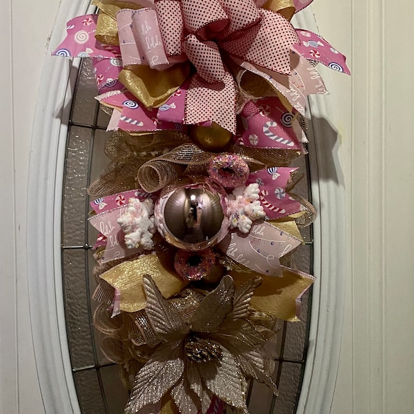 Pink & Gold Swag, Sweet Treats Swag, Christmas door decor, Christmas Swags, Pink poinsettia Swag