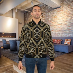 Black and Gold Tribal Deco Men&#39;s Bomber Jacket, African Fashion, Art Deco Clothing, Art Deco, Abstract Clothing
