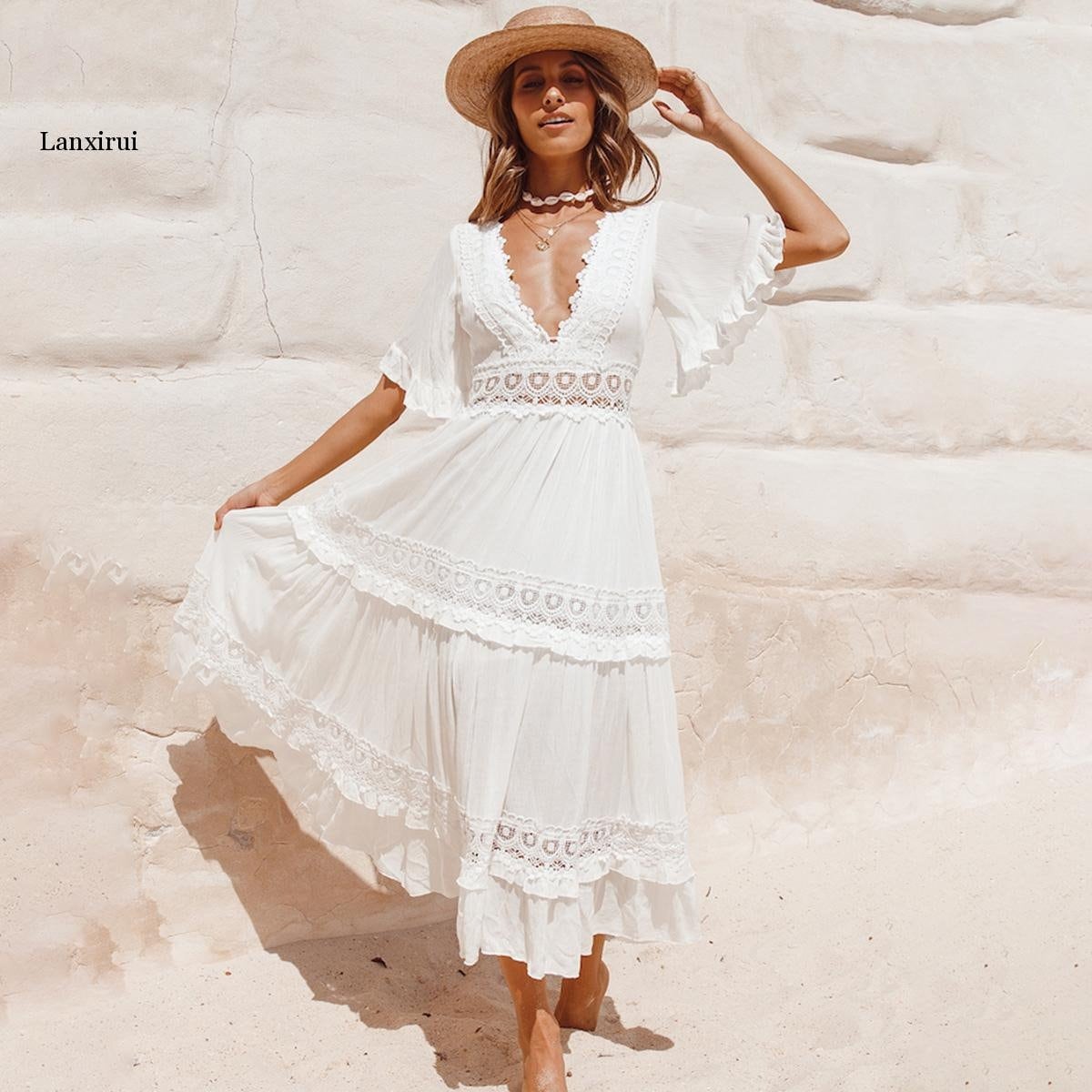 Wedding Dress White Boho Dress Lace Dress White Maxi - Etsy