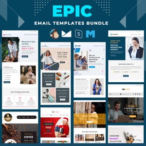 Puede incluir: Una colección de plantillas de correo electrónico para empresas. Las plantillas presentan una variedad de diseños y diseños, que incluyen un spa, una cafetería, una venta de Navidad y una agencia de marketing digital. Las plantillas están diseñadas para ser fáciles de personalizar y usar.