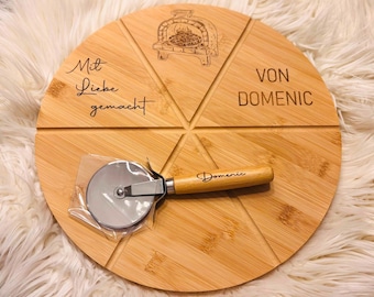 Personalisiertes Pizzabrett mit Gravur & Pizzaschneider – Pizza Geschenk für Männer, Einweihung, Hochzeit, Geburtstagsgeschenk, Pizza Lover