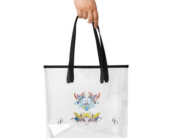 Clear Tote Bag with Artistic 3-Butterfly Painting & Ocean Blue Charming Eye | Unique High-Fashion Transparent Tote