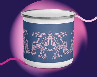 Hand drawing Ancient giant bird totem Enamel mug. Hiking lover gift, anniversary gift for couple, engagement gift, personalized travel mug