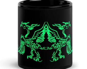 Ancient giant bird totem black mug. Hand crafted with intricate details, this unique piece evokes a sense of mystique and history.