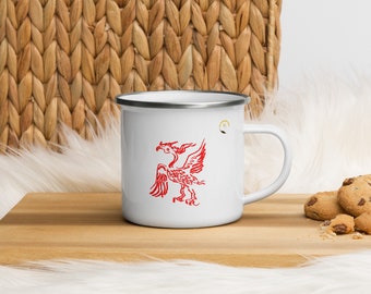 Hand drawing Ancient giant bird totem Enamel mug. Hiking lover gift, anniversary gift for couple, engagement gift, personalized travel mug
