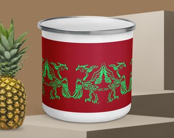 Hand drawing Ancient giant bird totem Enamel mug. Hiking lover gift, anniversary gift for couple, engagement gift, personalized travel mug