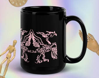 Black Glossy Mug Pink Acient Bird 11oz