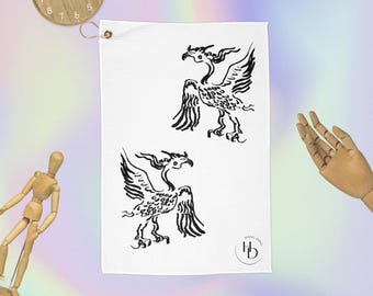 Giant Bird Golf Towel | Artist Drawing Design & Ancient Symbolism | Premium Sublimation Sport Towel with Clip | Ancient Elegance Style