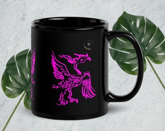 Ancient giant purple bird totem black mug. Hand crafted with intricate details, this unique piece evokes a sense of mystique and history.