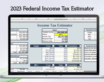 May include: A screenshot of a computer screen showing a 2023 Federal Income Tax Estimator spreadsheet. The spreadsheet is used to calculate income tax based on taxable income, status, marginal rate, and effective rate. The spreadsheet shows a taxable income of $34,900.00, a status of MFJ, an income tax of $3,747.98, a marginal rate of 12.0%, and an effective rate of 10.7%.