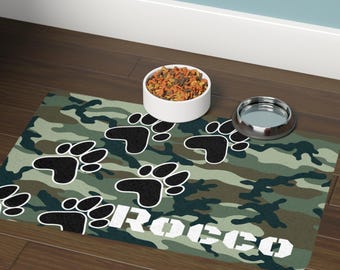 Personalized Dog Food Mat, Green Camouflage, Non-Slip Animal Mat