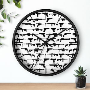 Black & White Gun Pattern Wall Clock With White Background, Black or White Edge and Hands, Gun Store Clock, Man Cave Decor, Tactical Clock