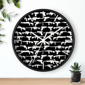 Black & White Gun Pattern Wall Clock With Black Background, Black or White Edge and Hands, Gun Store Clock, Man Cave Decor, Tactical Clock