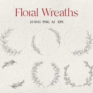 Paquete SVG de coronas florales, imágenes prediseñadas de boda de arte lineal, círculo floral PNG, marco de círculo de monograma de corona SVG