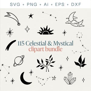 115 Celestial Elements - Sterne, Sonne, Mond, Sternzeichen Konstellationen, Kristalle und Blumen | Digitale Clipart für Tattoos, Aufkleber und Designs