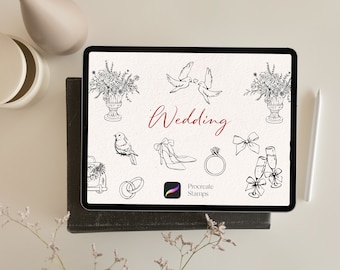 Procreate Wedding Stamps: Line Art Flowers, Dresses (Digital Download)