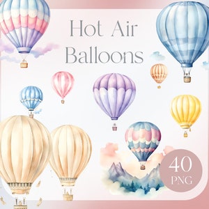 Watercolor Hot Air Balloon PNG – Downloadable Baby Shower Sign, Nursery Wall Art, Pastel Balloon Clipart