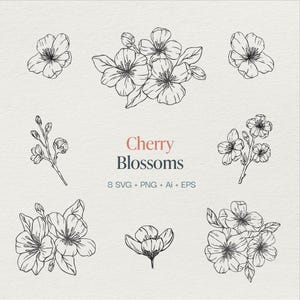 Kirschblüte SVG PNG Ai Eps Bundle - 8 Floral Line Art Elemente