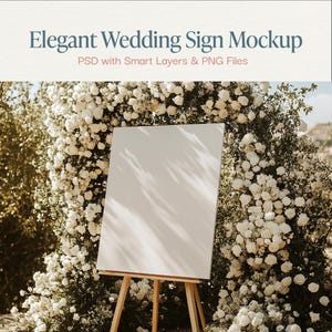 Elegant Wedding Welcome Sign Mockup with Floral Backdrop – PSD & PNG Smart Layer Templates