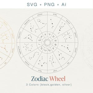Rueda del zodíaco SVG / Gráfico de constelaciones astrológicas / Clipart de signos del zodíaco digitales / Horóscopo PNG Ai / Mapa de estrellas celestiales
