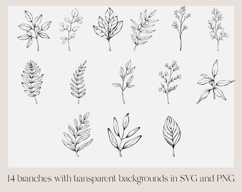 May include: A set of 14 black and white line drawings of various branches and leaves. The drawings are simple and elegant, and would be perfect for use in a variety of creative projects.