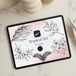 Pinceles de sellos tropicales para Procreate - 22 exquisitos pinceles de arte lineal de hibiscos y hojas