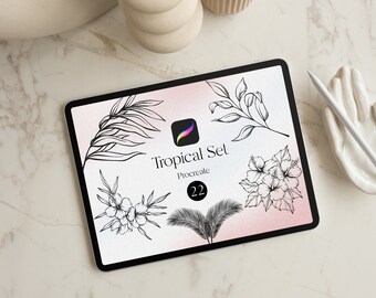 Tropical Stamp Brushes for Procreate - 22 Exquisite Hibiscus and Leaves Line Art Brushes