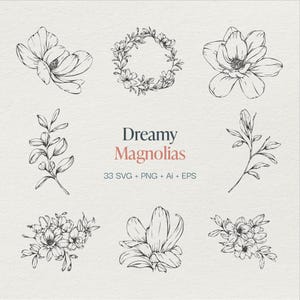 Dreamy Magnolia SVG PNG AI-bundel - elegante bloemmotieven voor bruiloften, logo's en meer