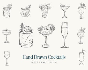 Sophisticated Line Art Cocktails – 18 Unique Cocktail Designs for Menus, Invitations & More