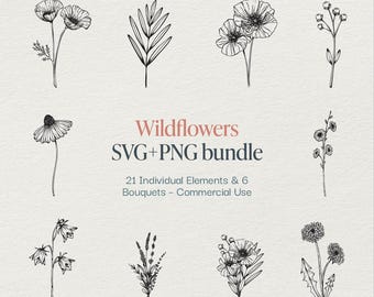 Wildflowers SVG PNG Bundle - 21 Individual Elements & 6 Floral Bouquets