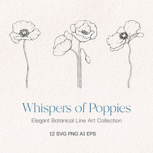 Poppies Line Art Clipart | 12 Wildflower Designs em Png, SVG, Ai, EPS | Vetores botânicos de papoula para o Dia da Memória