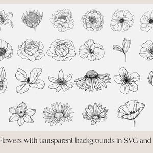 May include: A collection of 22 black and white line drawings of various flowers, including lilies, roses, daisies, and poppies. The flowers are isolated on a white background.