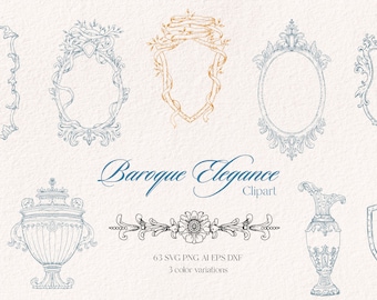 Baroque Wedding Floral Frame Line Art Clipart Collection - Victorian, Historical, Ornate Designs
