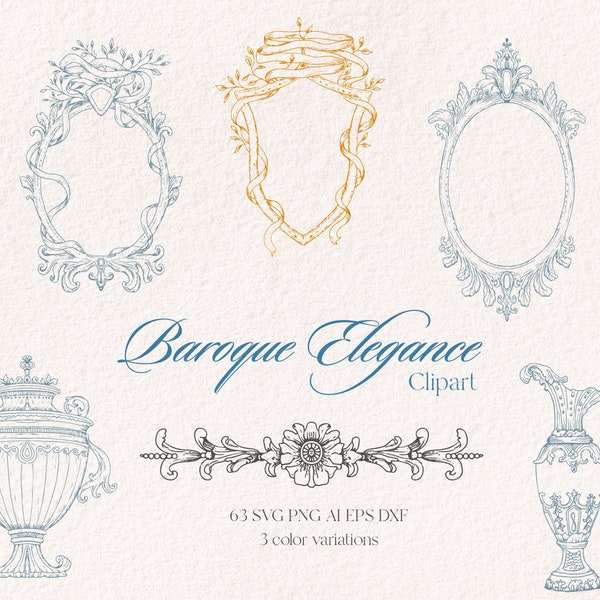 Barock Hochzeit Blumenrahmen Linie Kunst Clipart Sammlung - viktorianische, historische, kunstvolle Designs