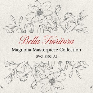 Magnolias Masterpiece Collection SVG PNG clipart, disegno artistico Magnolia Line, vettore Magnolia Wreath, contorno floreale SVG, disegno floreale line art in formato SVG