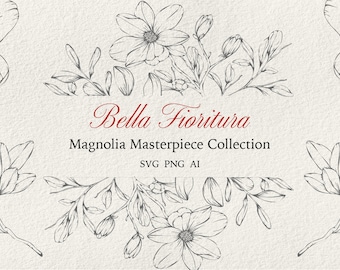 Magnolia Line Art: Ghirlanda floreale vettoriale SVG PNG Clipart