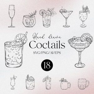 Hand Drawn Coctails Clipart Signature Drink SVG PNG EPS Coctail menu graphics Wine Clipart Drink illustrations