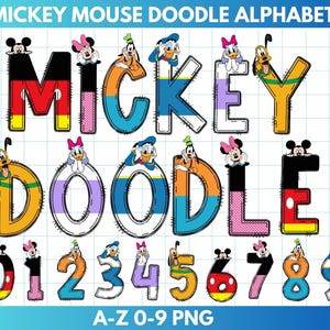 Paquete de fuentes del alfabeto Doodle de Mickey, Minnie, Daisy, Pluto, Goofy y Donald / Archivos PNG / Diseño de fiesta de cumpleaños por sublimación, descarga digital
